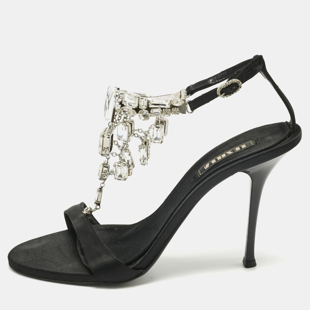 Le Silla Black Satin Crystal Embellish T-Strap Sandals Size 38.5