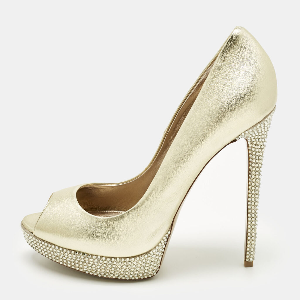 Le Silla Gold Leather Crystal Embellished Platform Pumps Size 41 Le Silla Gold Leather Crystal Embellished Platform Pumps Size 41