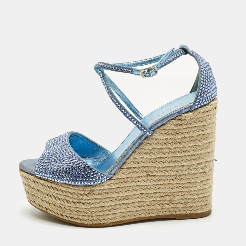 Le Silla Blue Suede Crystal Embellish Espadrille Wedge Sandals Size 36.5 Le Silla Blue Suede Crystal Embellish Espadrille Wedge Sandals Size 36.5