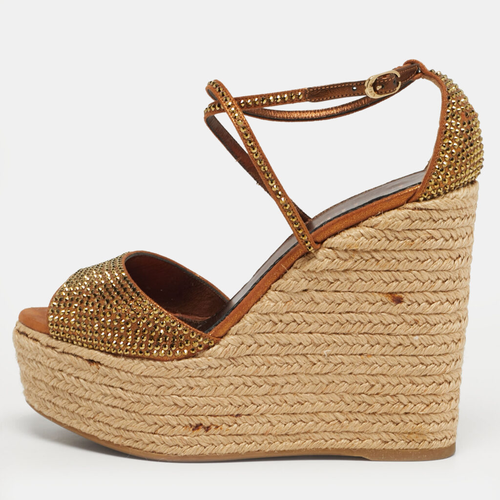Le Silla Gold Suede Crystal Embellish Espadrille Wedge Sandals Size 37