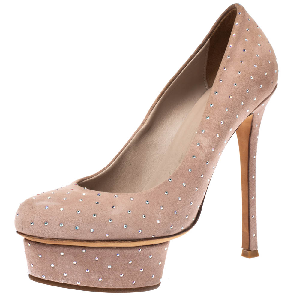 Le Silla Beige Crystal Embellished Suede Platform Pumps Size 36 Le Silla Beige Crystal Embellished Suede Platform Pumps Size 36