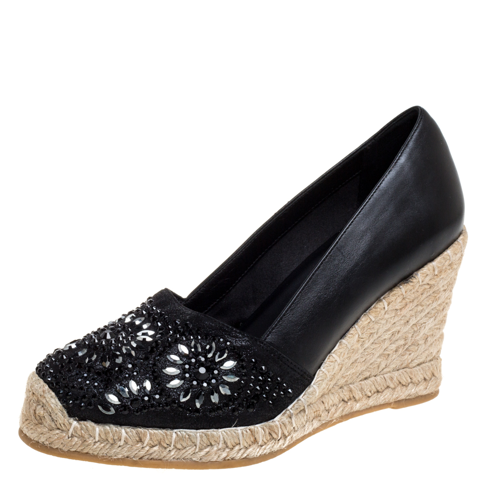Le Silla Black Leather And Suede Embellished Wedge Espadrille Pumps Size 37 Le Silla Black Leather And Suede Embellished Wedge Espadrille Pumps Size 37