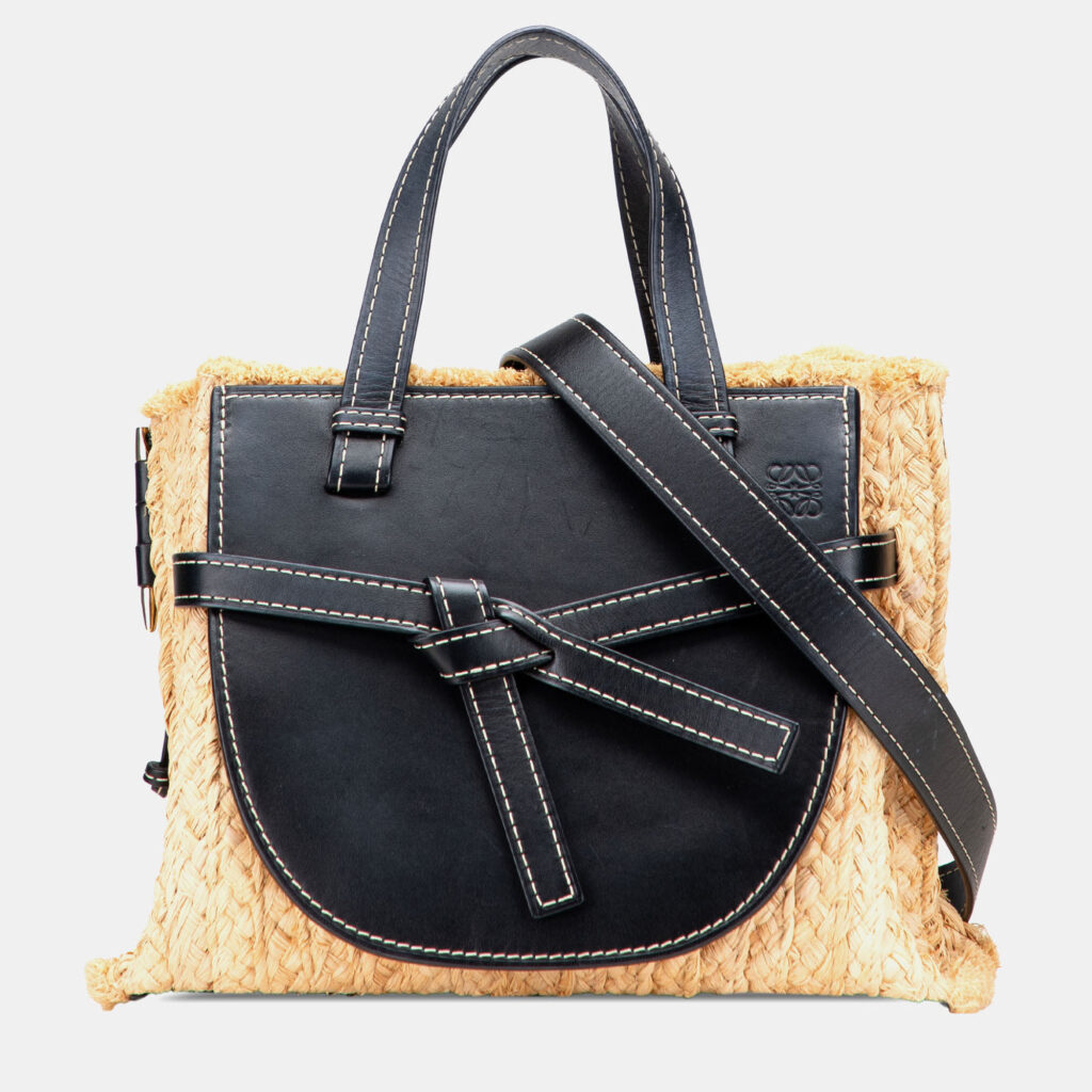 Loewe Beige Black Small Raffia and Leather Gate Top Handle Bag