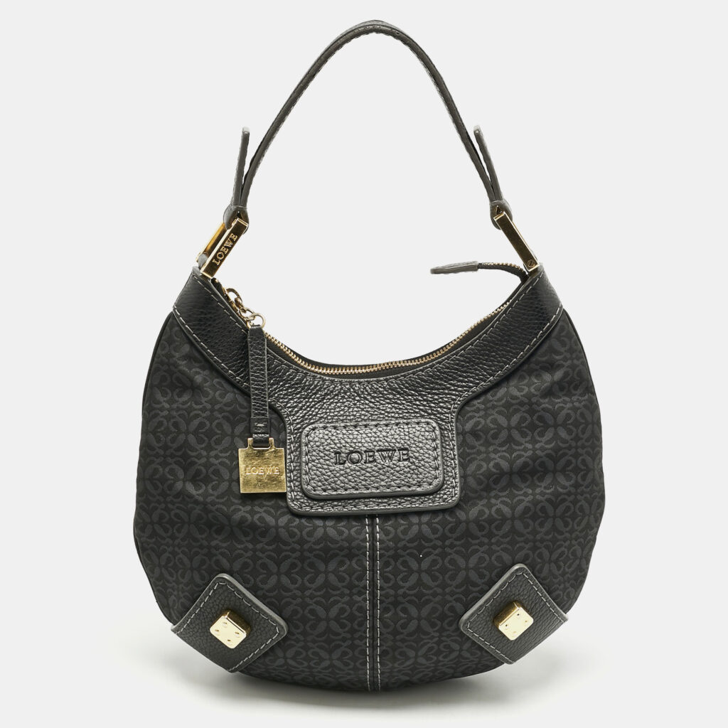 Loewe Black Logo Jacquard Fabric and Leather Hobo
