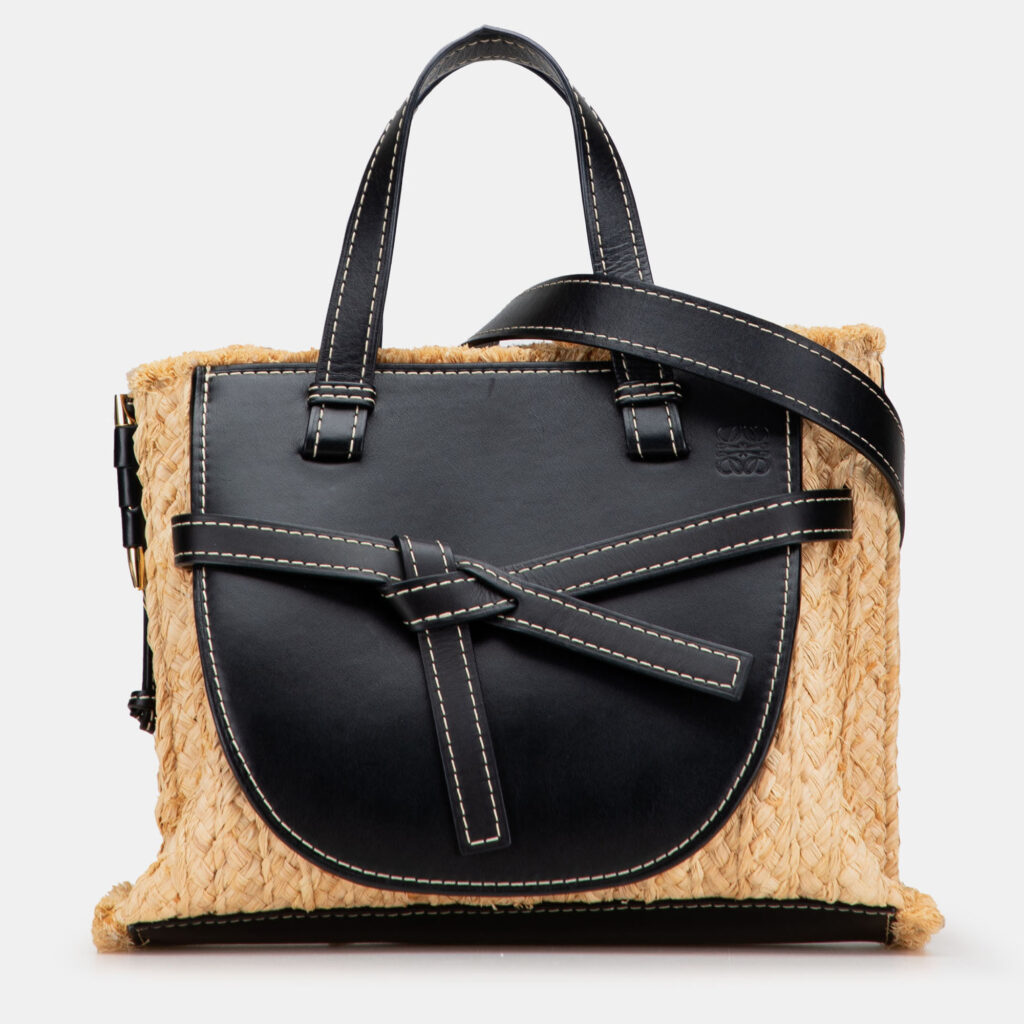 Loewe Gate Small Raffia and Leather Top Handle Bag