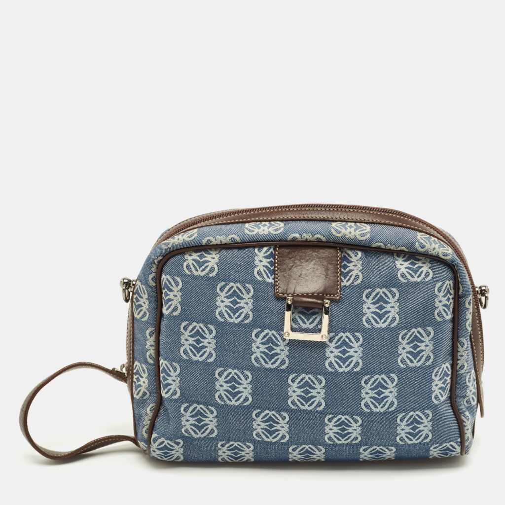 Loewe Blue/Brown Denim and Leather Anagram Wristlet Pouch Loewe Blue/Brown Denim and Leather Anagram Wristlet Pouch