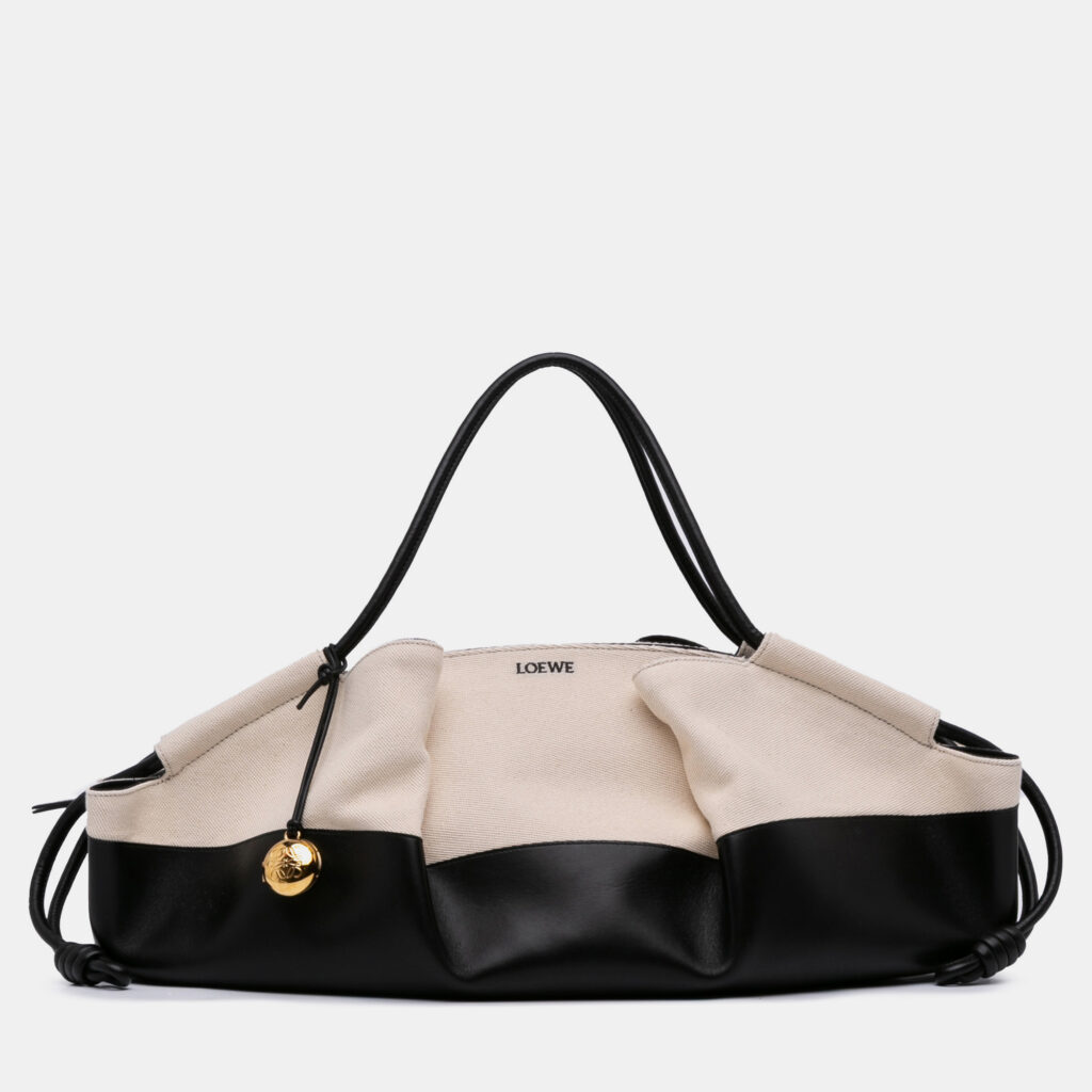 Loewe Black Brown XL Shiny Calfskin and Canvas Paseo Satchel Loewe Black Brown XL Shiny Calfskin and Canvas Paseo Satchel