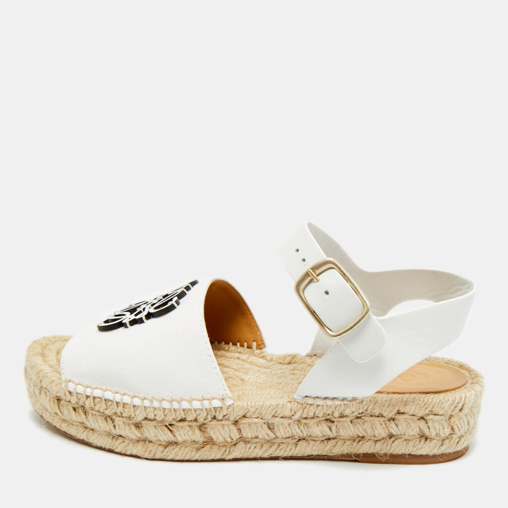 Loewe Anagram Size 38 White Canvas and Leather Espadrille Ankle Strap Sandals