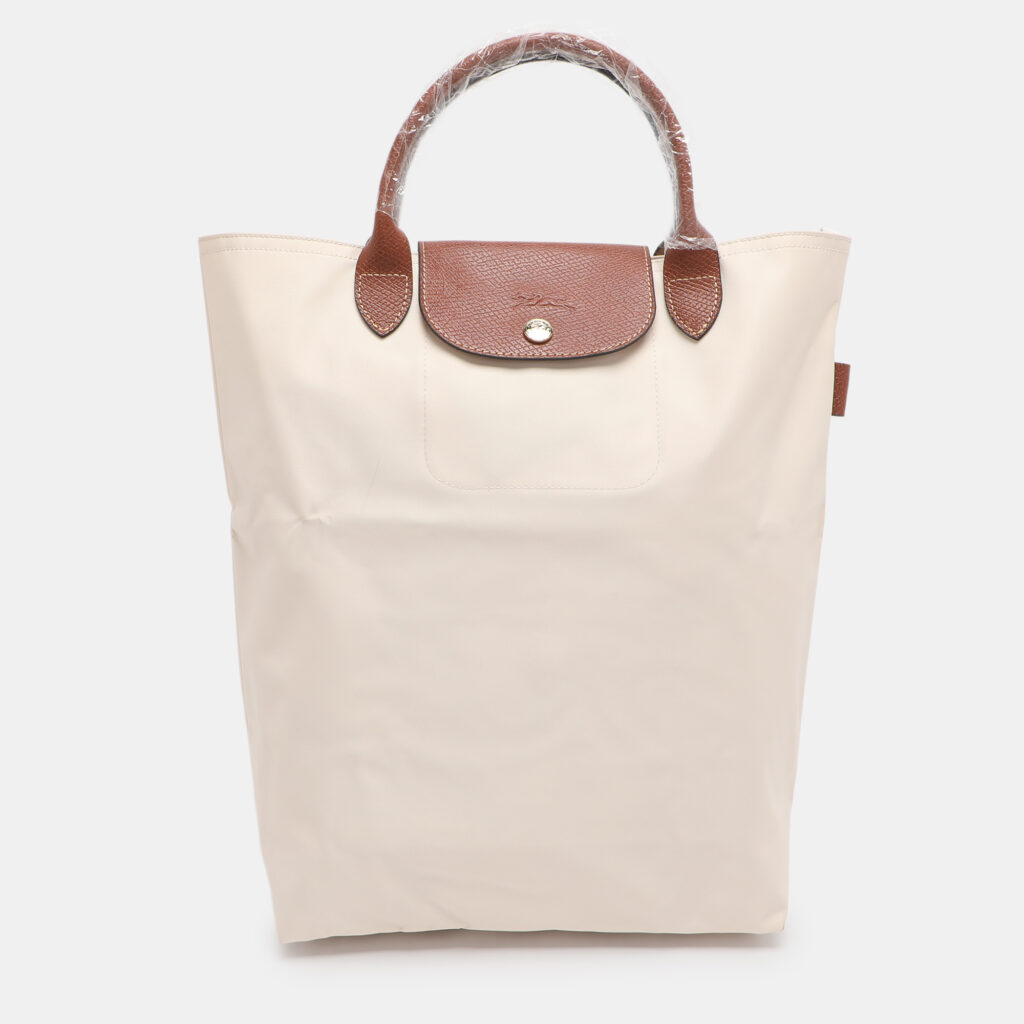 Longchamp Light Beige/Brown Nylon and Leather Le Pliage M Tote Longchamp Light Beige/Brown Nylon and Leather Le Pliage M Tote