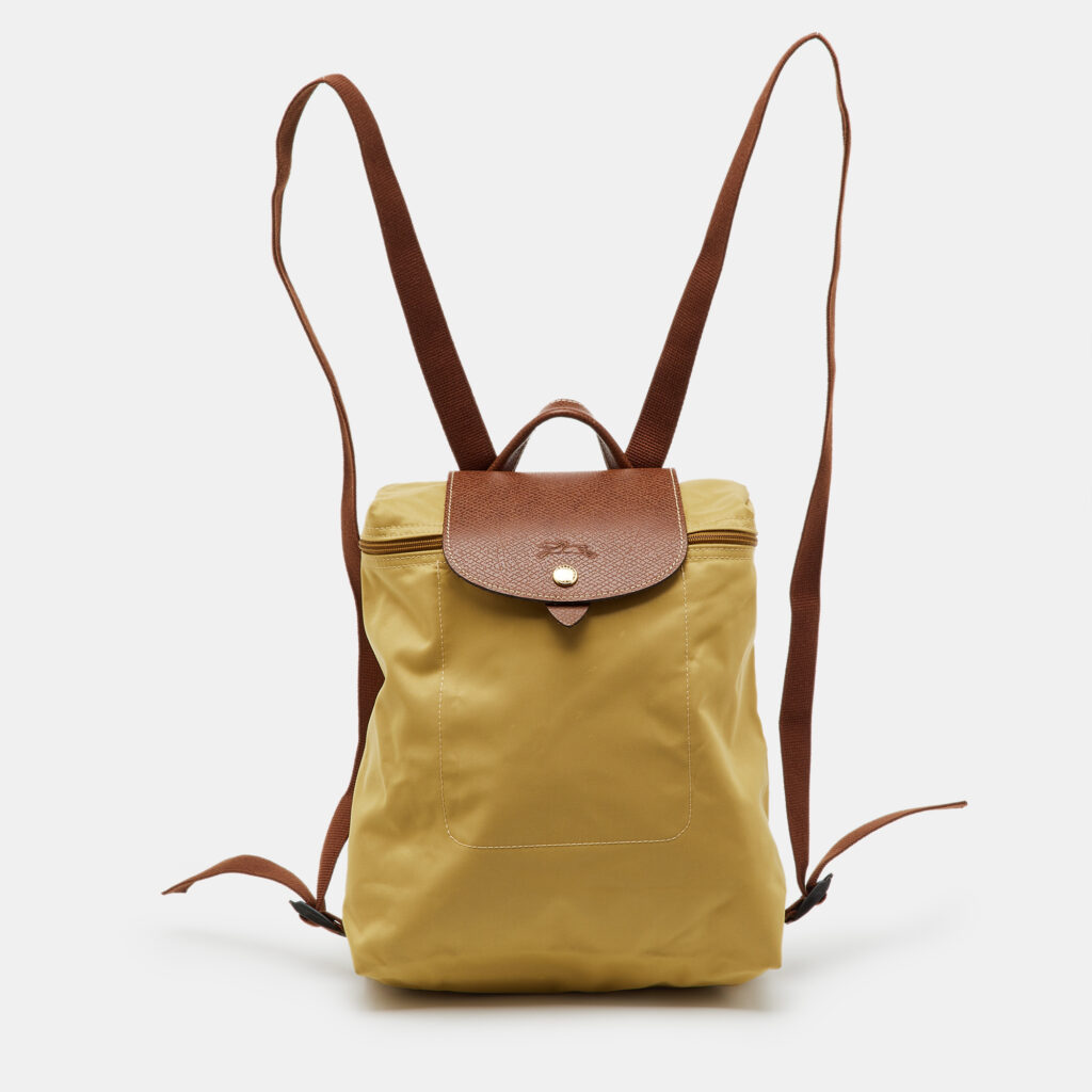 Longchamp Beige/Brown Nylon and Leather Le Pliage Backpack Longchamp Beige/Brown Nylon and Leather Le Pliage Backpack