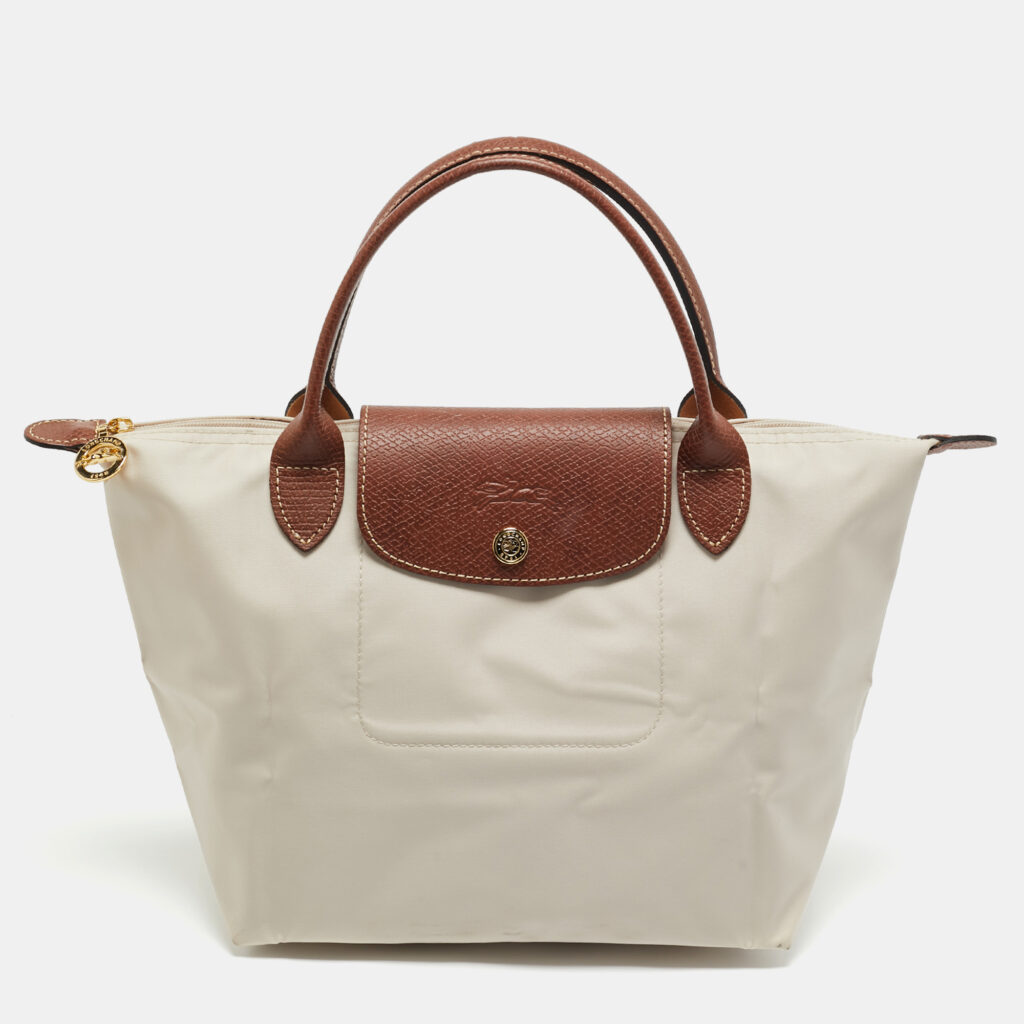 Longchamp Beige/Brown Nylon and Leather Small Short Le Pliage Tote Longchamp Beige/Brown Nylon and Leather Small Short Le Pliage Tote