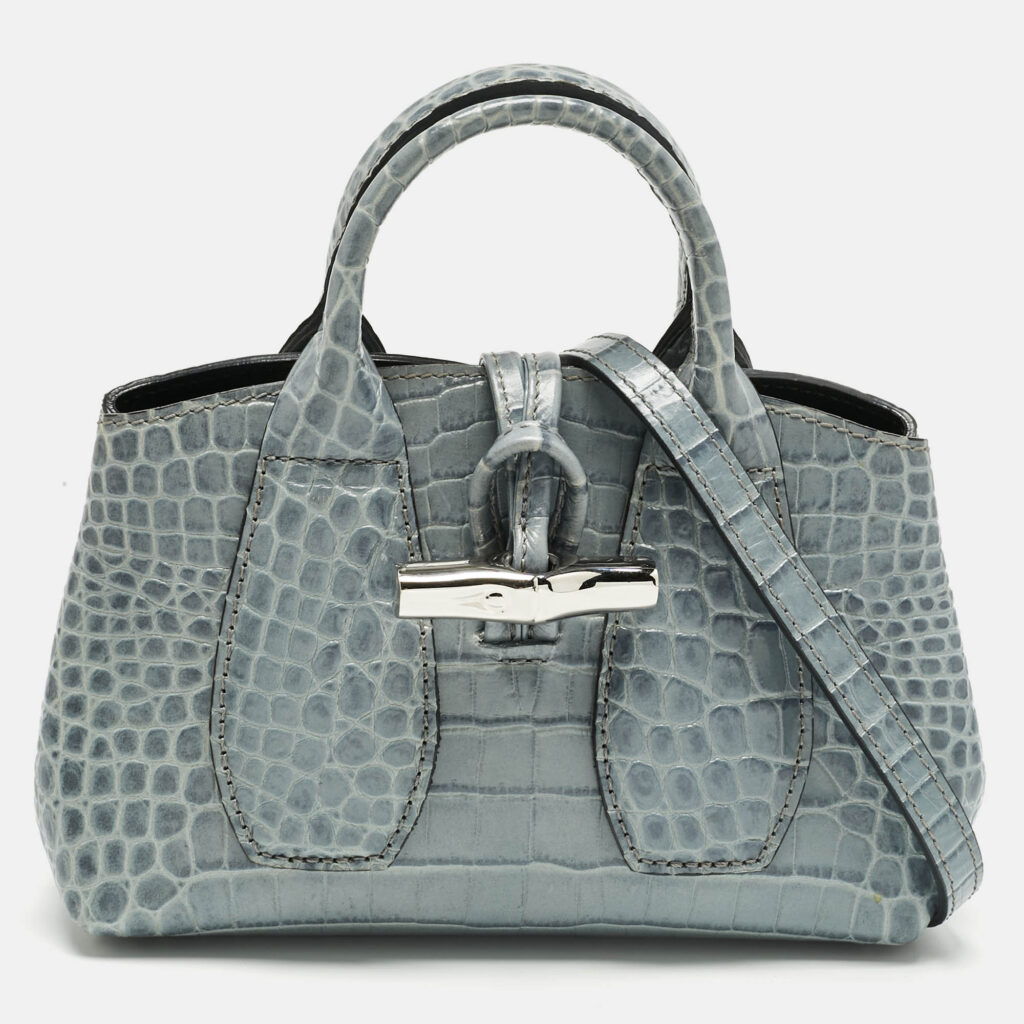 Longchamp Blue Croc Embossed Leather Roseau Crossbody Bag