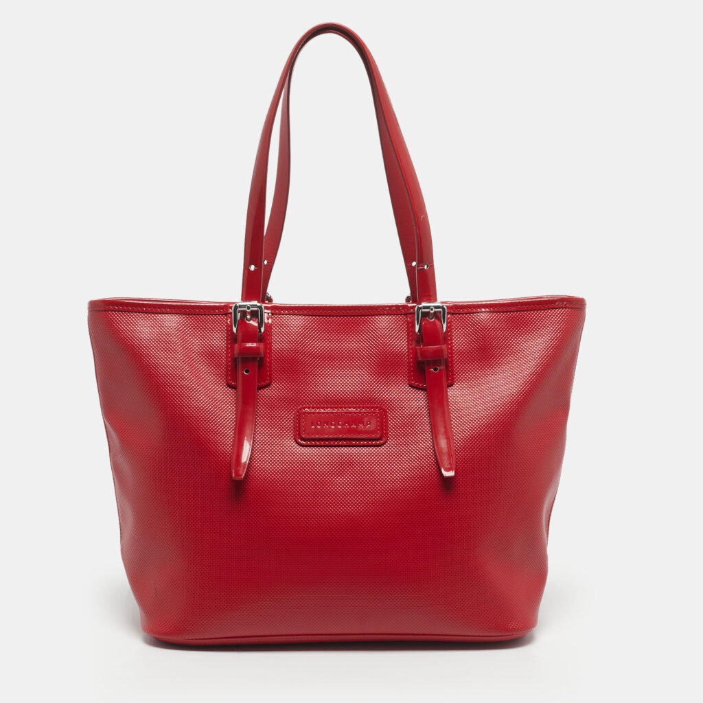 Longchamp Red Coated Canvas and Patent Leather Derby Verni Shopper Tote