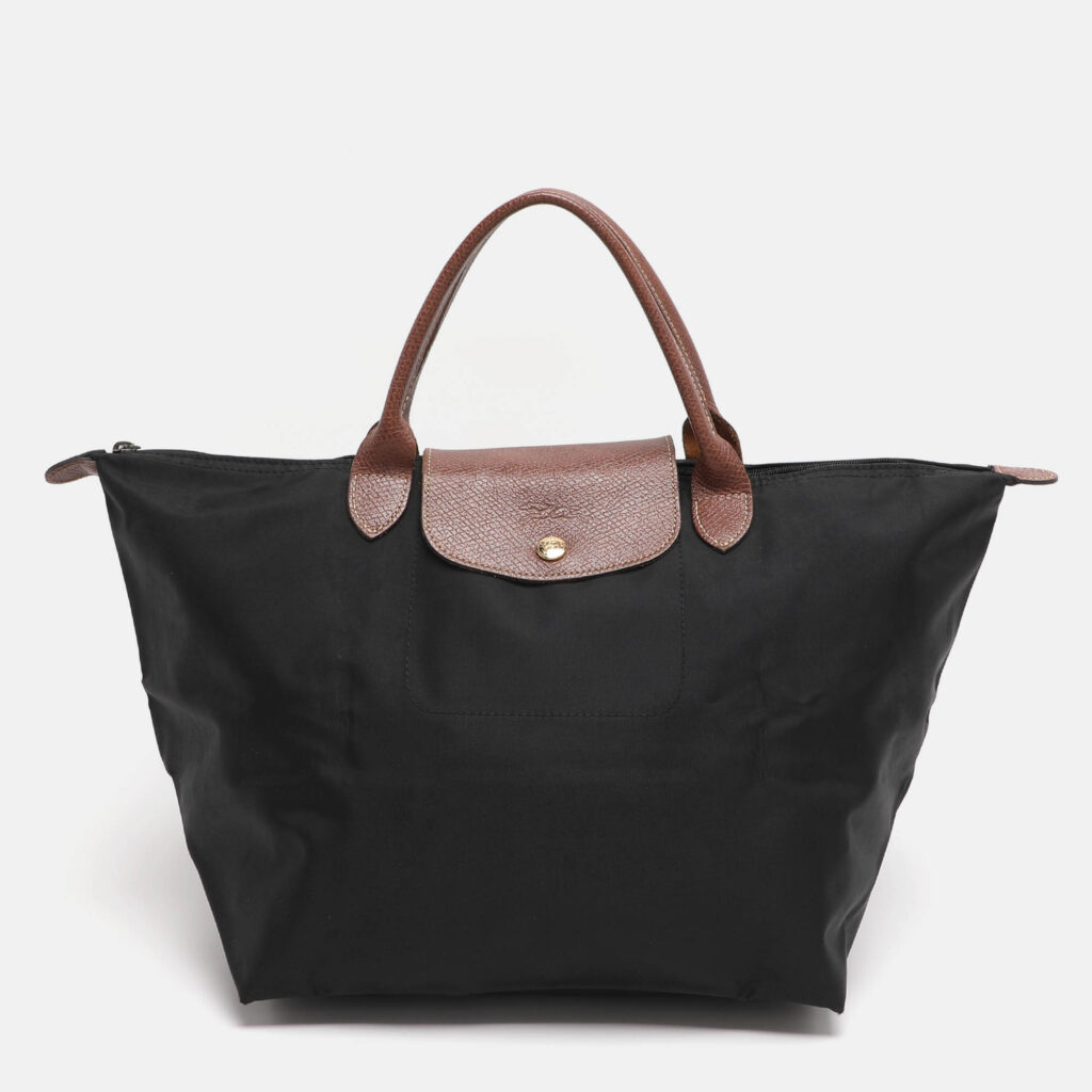 Longchamp Brown/Black Nylon and Leather Medium Short Le Pliage Tote Longchamp Brown/Black Nylon and Leather Medium Short Le Pliage Tote