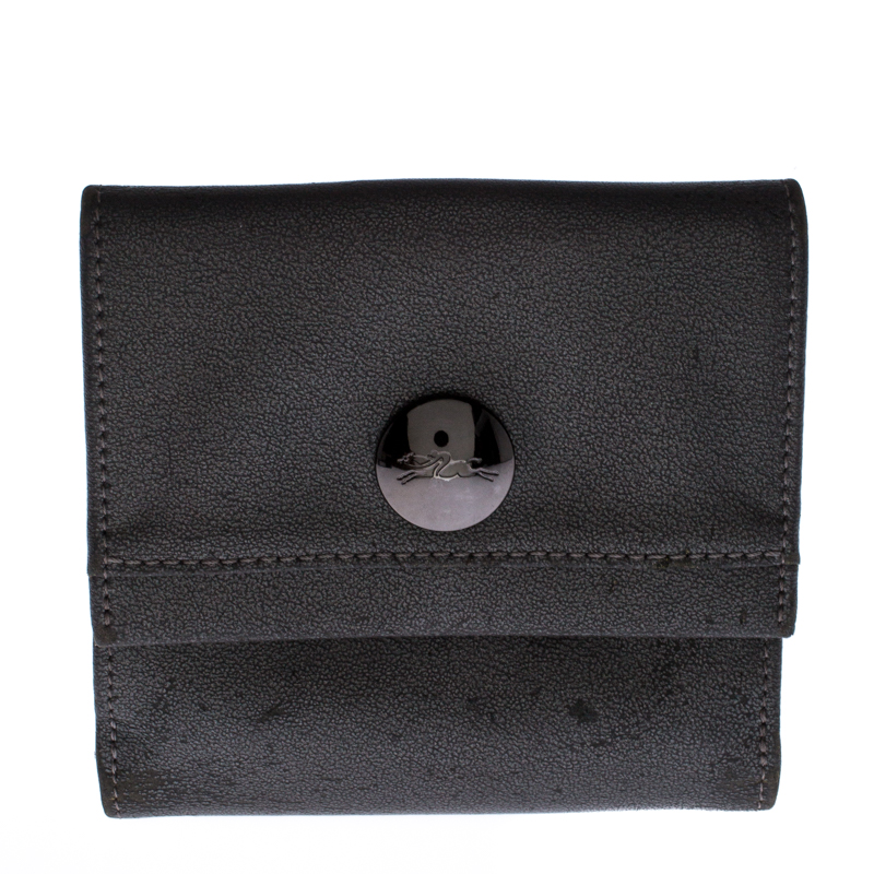 Longchamp Metallic Grey Leather Flap Button Compact Wallet Longchamp Metallic Grey Leather Flap Button Compact Wallet