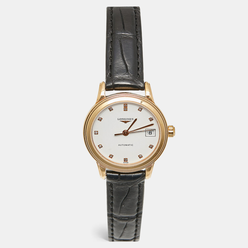 Longines White Diamonds 18k Rose Gold Alligator Flagship L4.274.8.27.2 Women's Wristwatch 26 mm Longines White Diamonds 18k Rose Gold Alligator Flagship L4.274.8.27.2 Women's Wristwatch 26 mm
