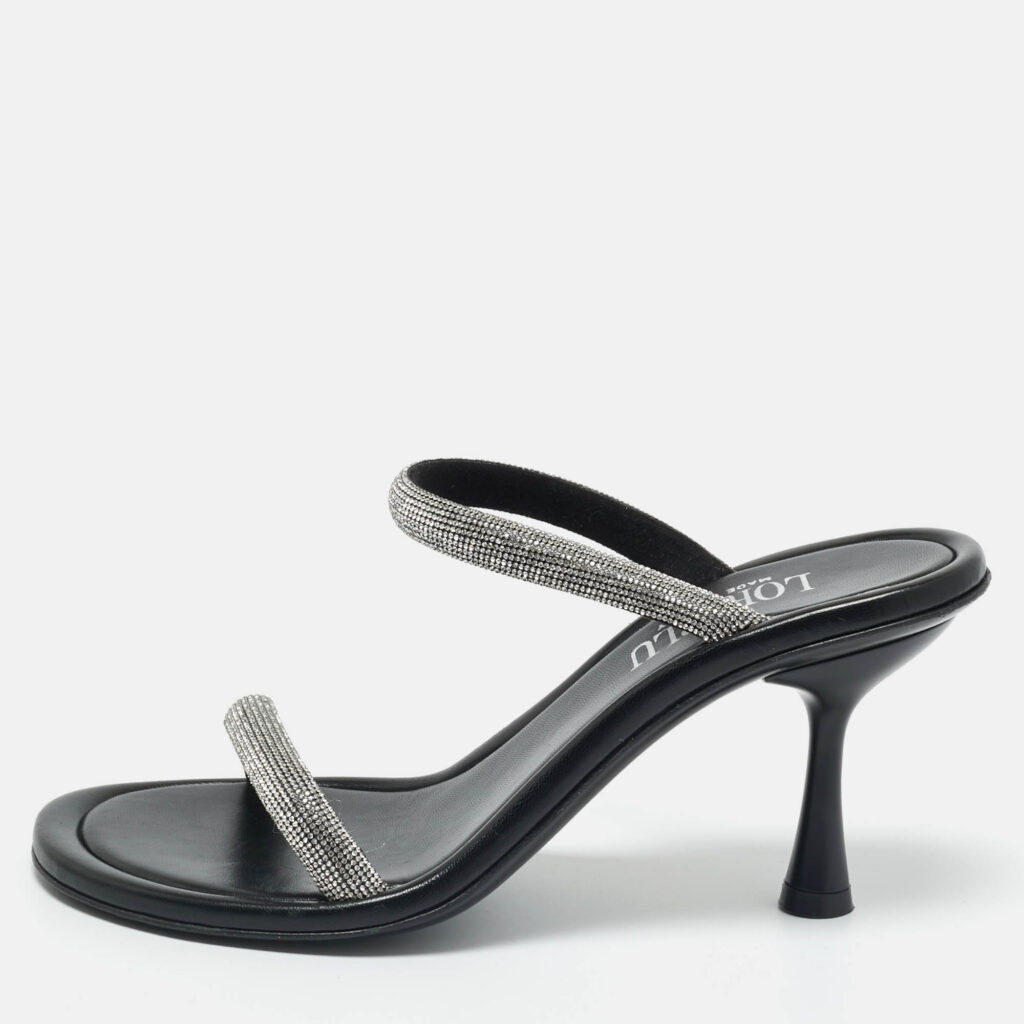 Loriblu Silver/Black Crystals and Leather Dual Stiletto Heel Slide Sandals Size 38 Loriblu Silver/Black Crystals and Leather Dual Stiletto Heel Slide Sandals Size 38