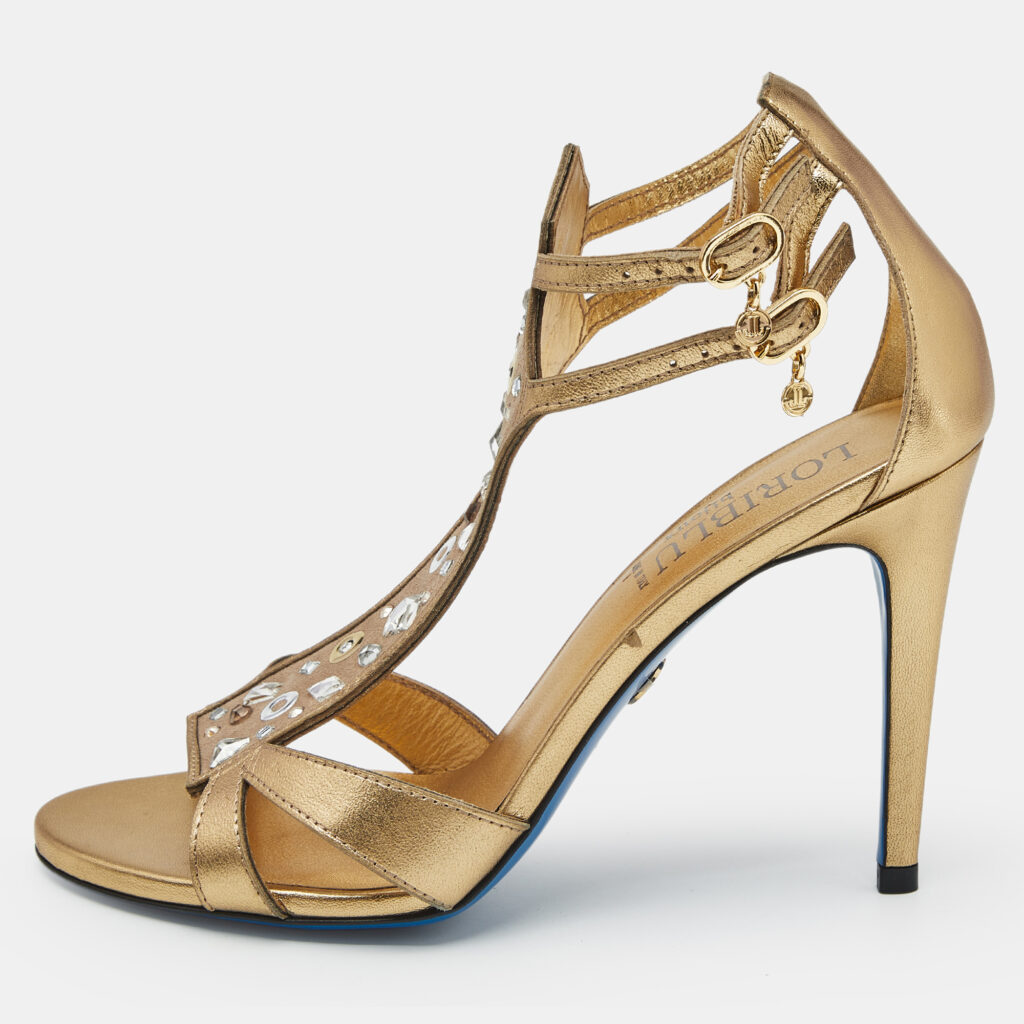 Loriblu Gold Leather Crystal Embellished Ankle Strap Sandals Size 38 Loriblu Gold Leather Crystal Embellished Ankle Strap Sandals Size 38
