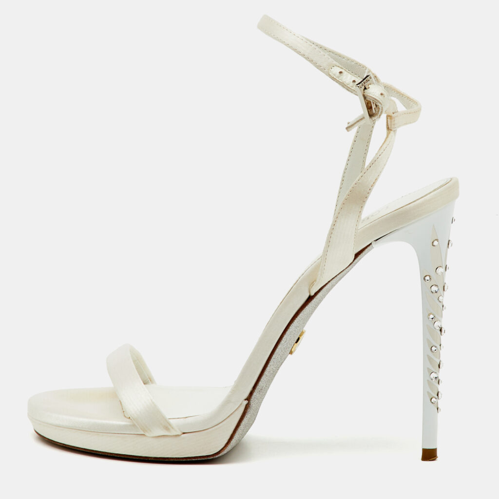 Loriblu White Satin Crystal Embellished Heel Ankle Strap Sandals Size 38 Loriblu White Satin Crystal Embellished Heel Ankle Strap Sandals Size 38