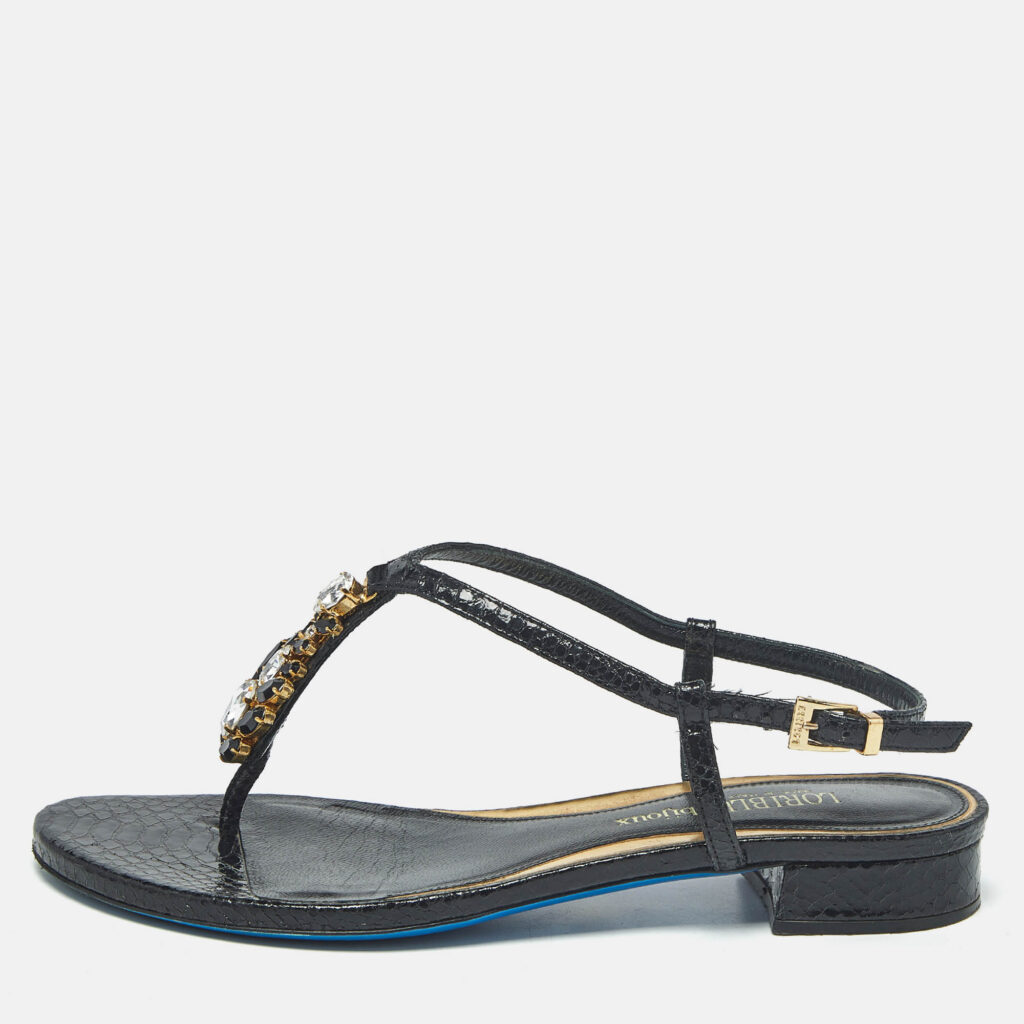 luxury-women-loriblu-used-shoes-p1213395-011-1.jpg Loriblu Black Python Embossed Leather Crystal Embellish Thong Flats Sandals Size 38.5