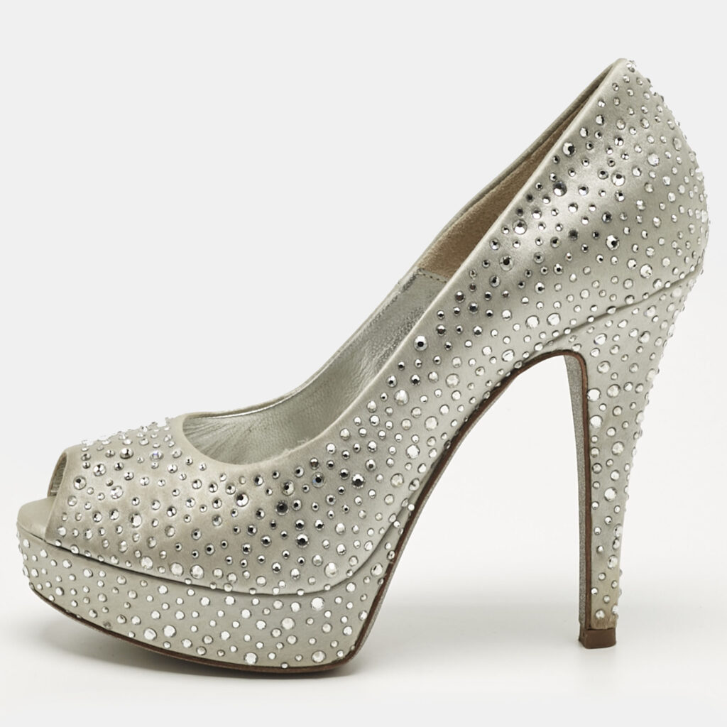 Loriblu Silver Satin Crystal Embellish Peep Toe Pumps Size 35 Loriblu Silver Satin Crystal Embellish Peep Toe Pumps Size 35