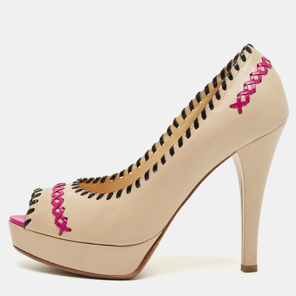 Loriblu Beige Leather Peep Toe Colorblock Pumps Size 38 Loriblu Beige Leather Peep Toe Colorblock Pumps Size 38