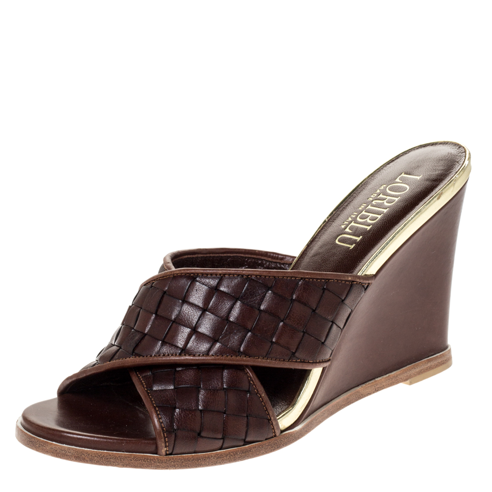 Loriblu Brown/Gold Woven Criss Cross Leather Wedge Sandals Size 38 Loriblu Brown/Gold Woven Criss Cross Leather Wedge Sandals Size 38