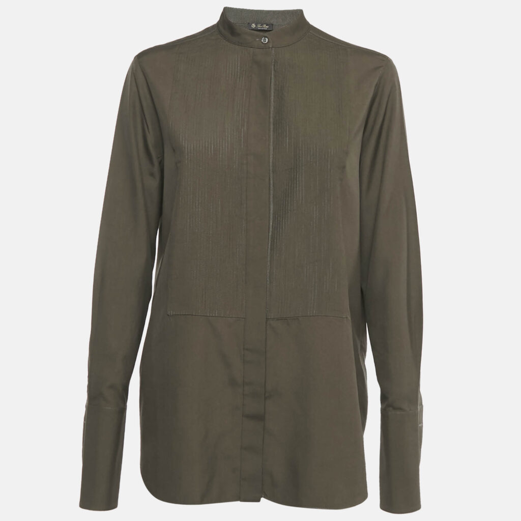 luxury-women-loro-piana-used-clothes-p1192979-001-1.jpg Loro Piana Olive Green Silk Carissa Tuxedo Shirt S