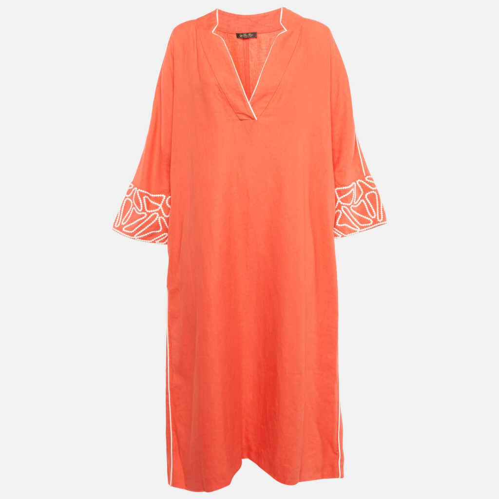 Loro Piana Coral Embroidered Sleeve Linen Midi Dress L Loro Piana Coral Embroidered Sleeve Linen Midi Dress L