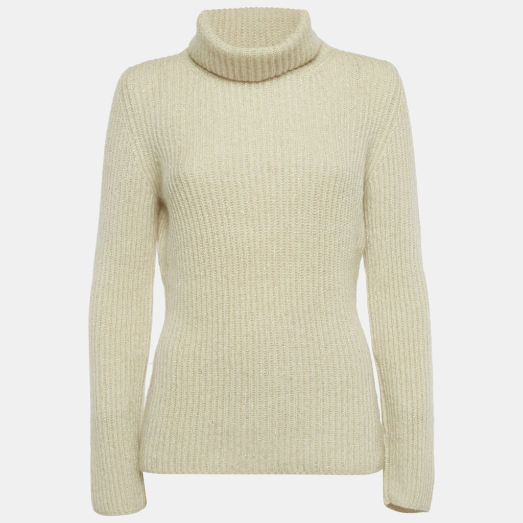Loro Piana Beige Lurex Knit Cashmere Turtle Neck Sweater L Loro Piana Beige Lurex Knit Cashmere Turtle Neck Sweater L