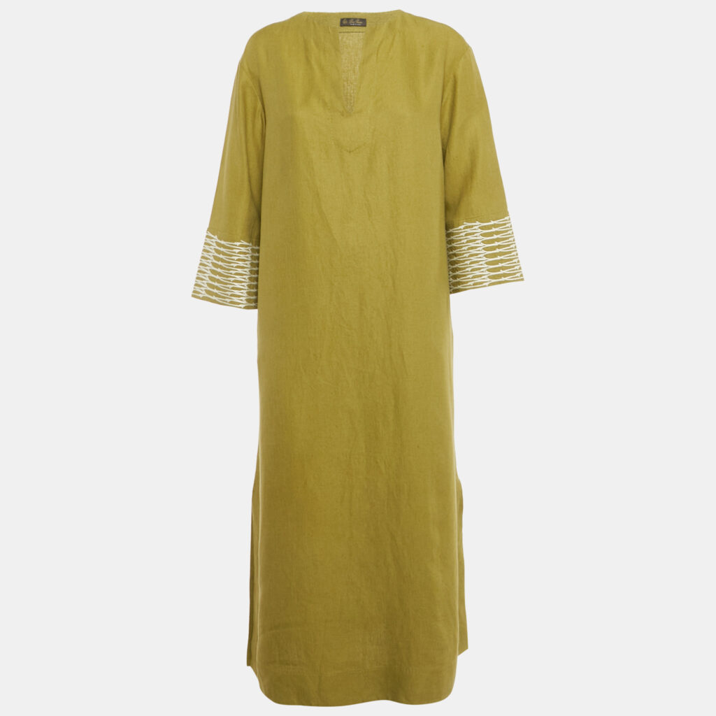 Loro Piana Green Embroidered Detail Linen Midi Dress S Loro Piana Green Embroidered Detail Linen Midi Dress S