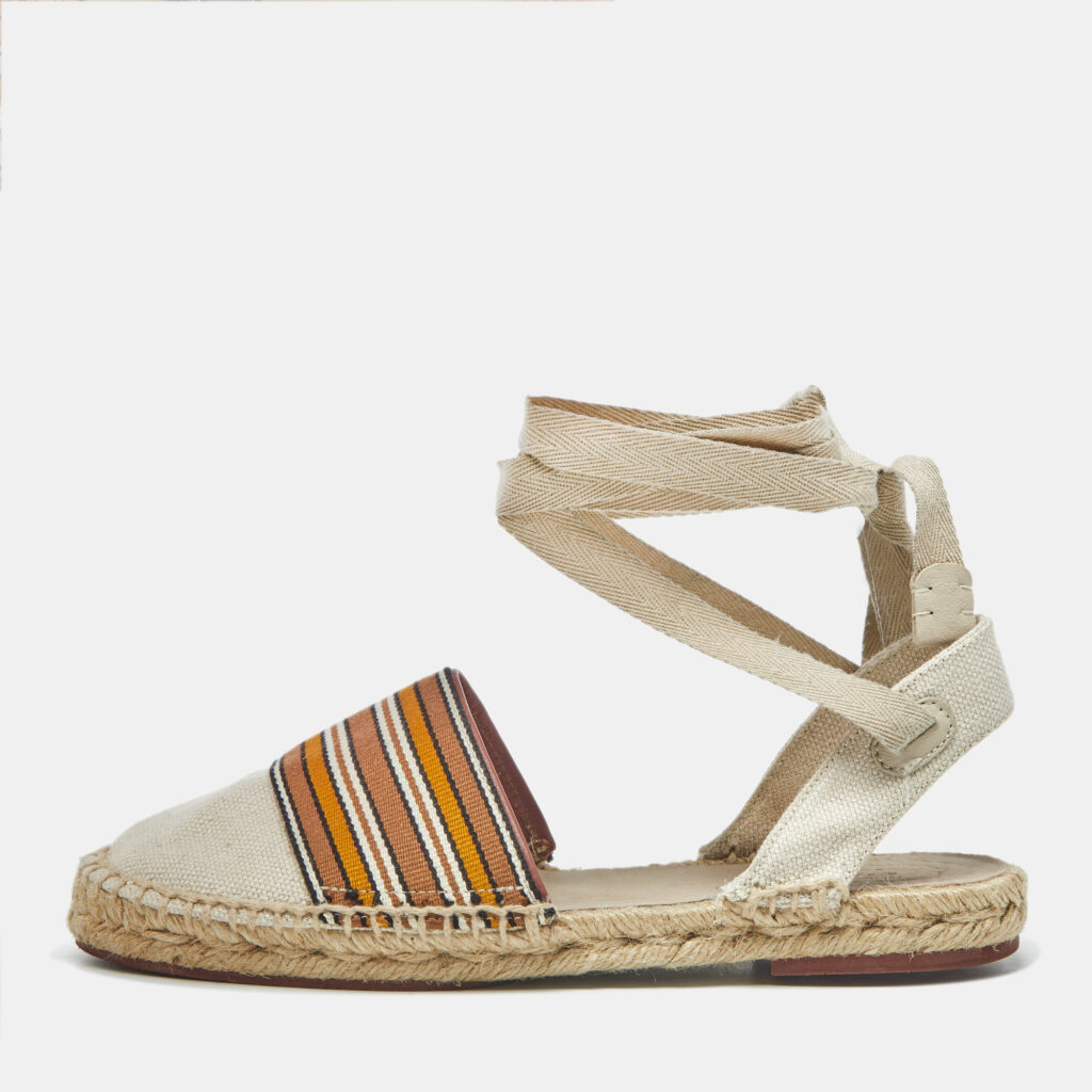 Loro Piana Cream/Brown Canvas Ankle Wrap Espadrille Flats Size 37
