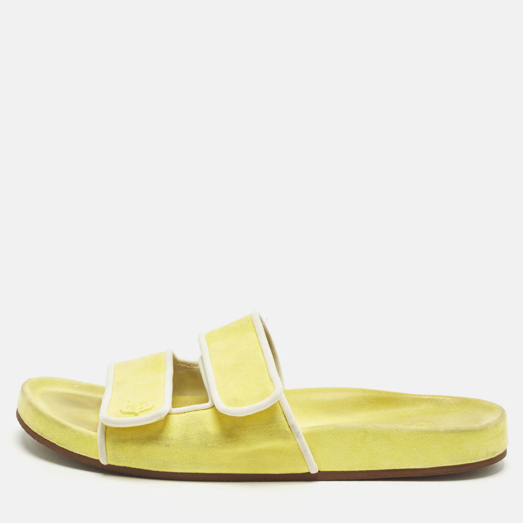 Loro Piana Yellow/White Suede and Leather Waikiki Flat Slides Size 39 Loro Piana Yellow/White Suede and Leather Waikiki Flat Slides Size 39