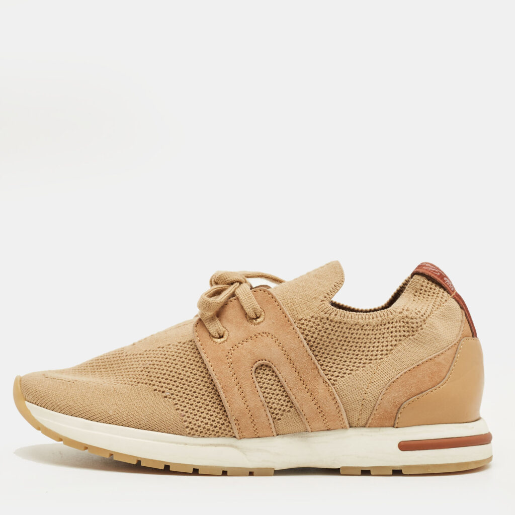 Loro Piana Beige Knit Fabric and Suede 360 LP Flexy Walk Lace Up Sneakers Size 35 Loro Piana Beige Knit Fabric and Suede 360 LP Flexy Walk Lace Up Sneakers Size 35