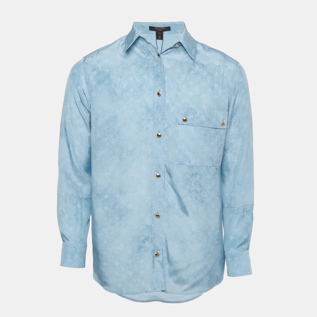 luxury-women-louis-vuitton-new-clothes-p1235093-002-1.jpg Louis Vuitton Blue Monogram Silk Long Sleeve Shirt S