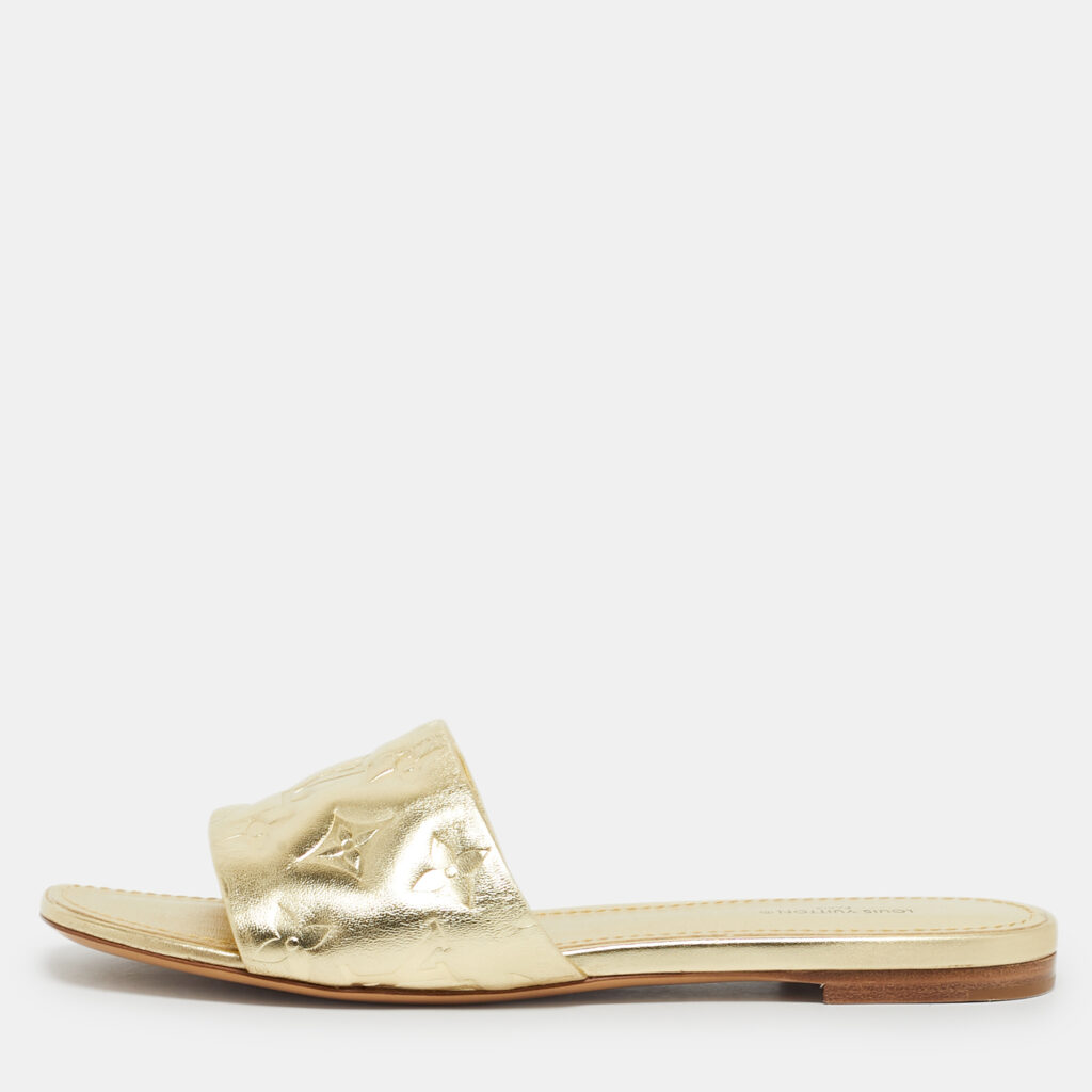 Louis Vuitton Gold Monogram Embossed Leather Revival Flat Slides Size 37.5 Louis Vuitton Gold Monogram Embossed Leather Revival Flat Slides Size 37.5