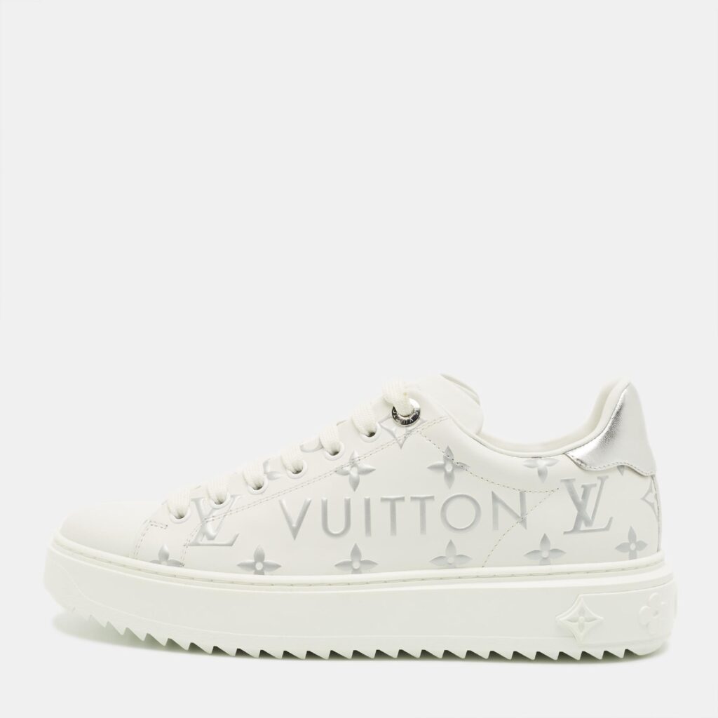 Louis Vuitton Time Out Size 38.5 White/Silver Leather Lace Up Sneakers