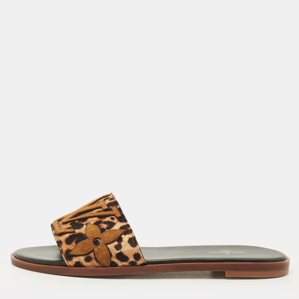 Louis Vuitton Lock It Size 38 Two Tone Leopard Print Calf Hair Flat Slide