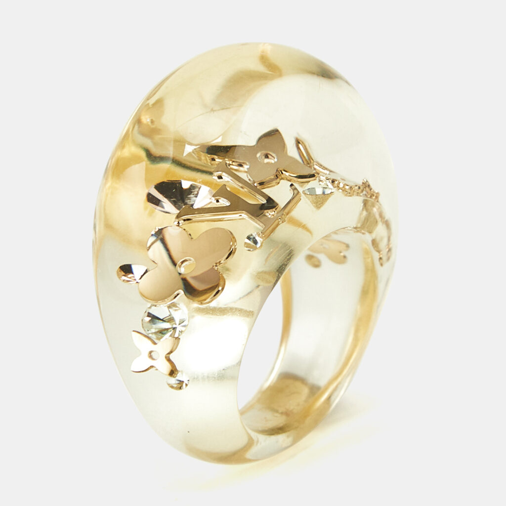 Louis Vuitton Monogram Inclusion Clear Resin Gold Tone Ring Size 50 Louis Vuitton Monogram Inclusion Clear Resin Gold Tone Ring Size 50
