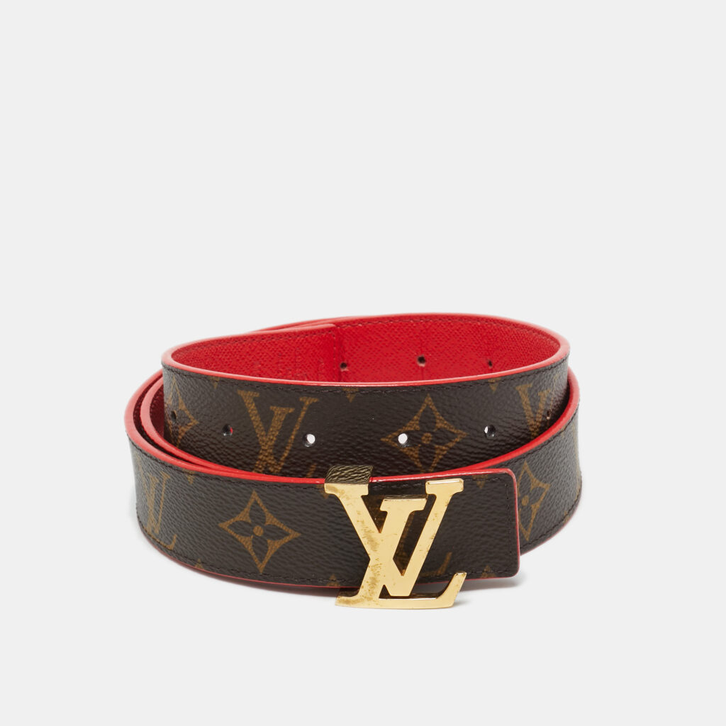 Louis Vuitton Red Leather and Monogram Canvas LV Initiales Reversible Belt 80 CM Louis Vuitton Red Leather and Monogram Canvas LV Initiales Reversible Belt 80 CM