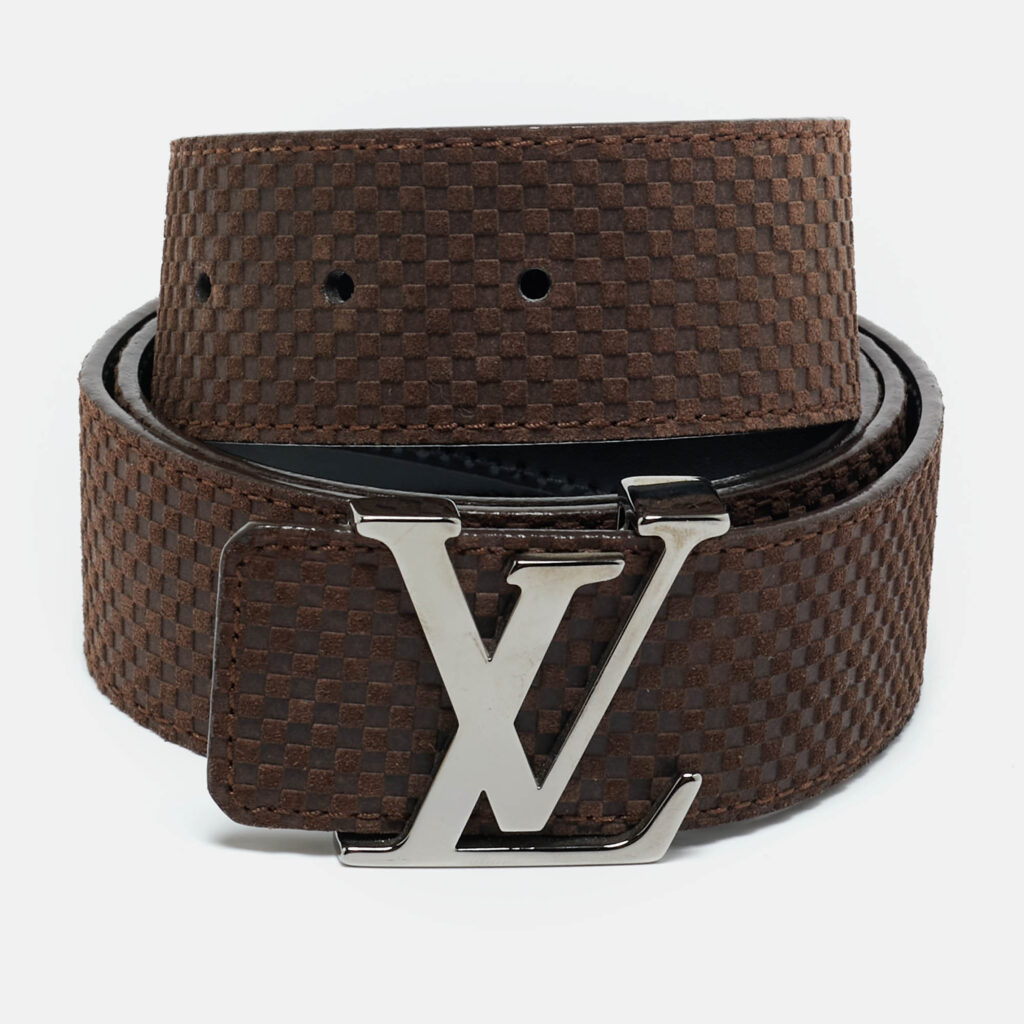 Louis Vuitton Brown Mini Damier Suede LV Initiales Belt 95CM Louis Vuitton Brown Mini Damier Suede LV Initiales Belt 95CM