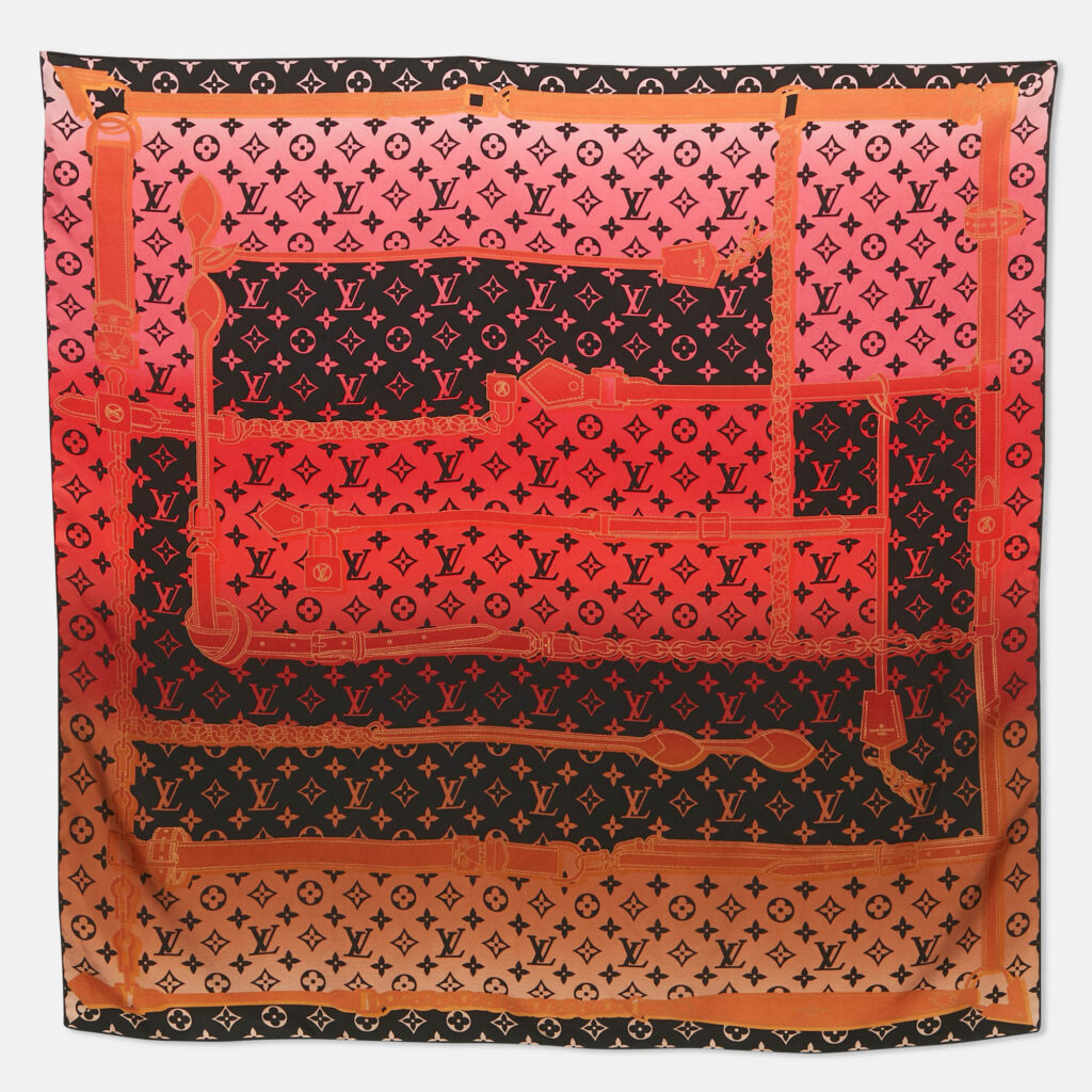 Louis Vuitton Multicolor Logo Monogram Rising Confidential Printed Silk Square Scarf Louis Vuitton Multicolor Logo Monogram Rising Confidential Printed Silk Square Scarf