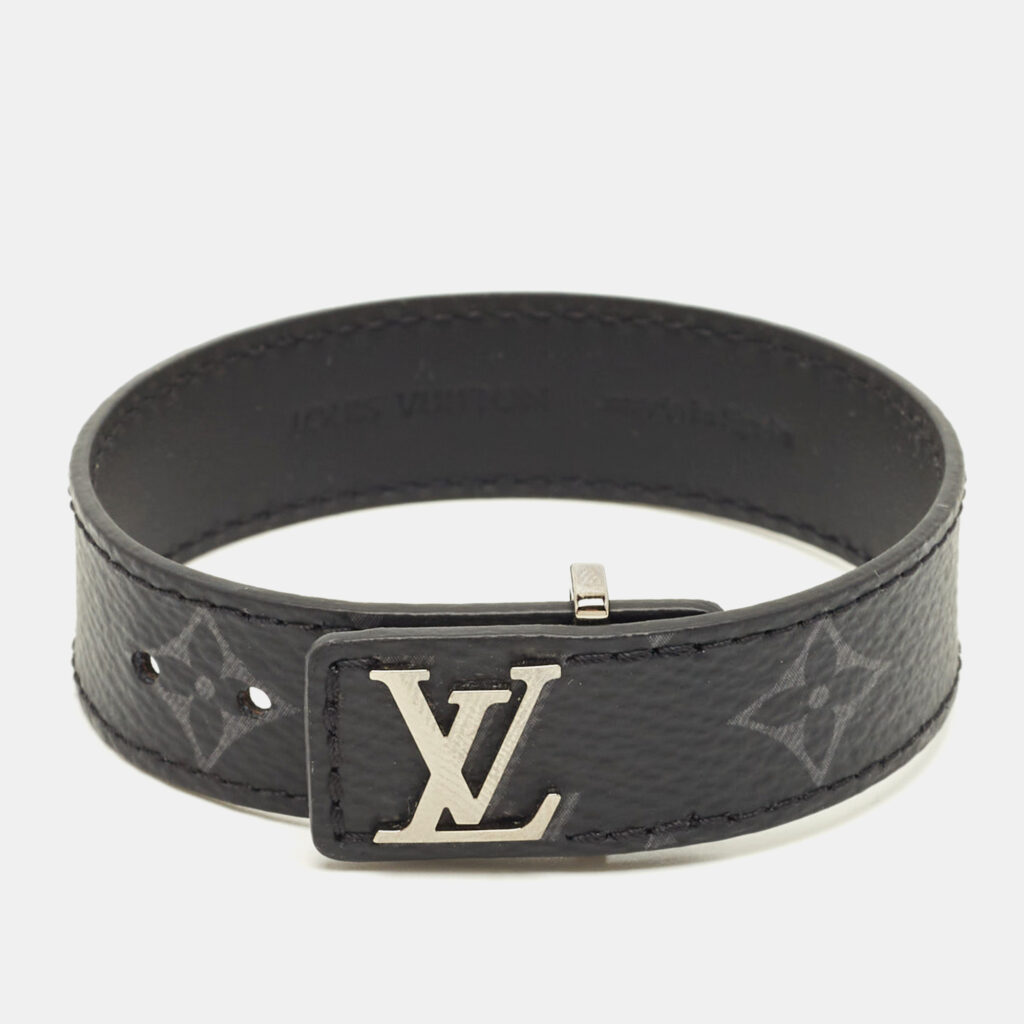 luxury-women-louis-vuitton-used-accessories-p1248146-005-1.jpg Louis Vuitton LV Slim Black Monogram Canvas Silver Tone Bracelet