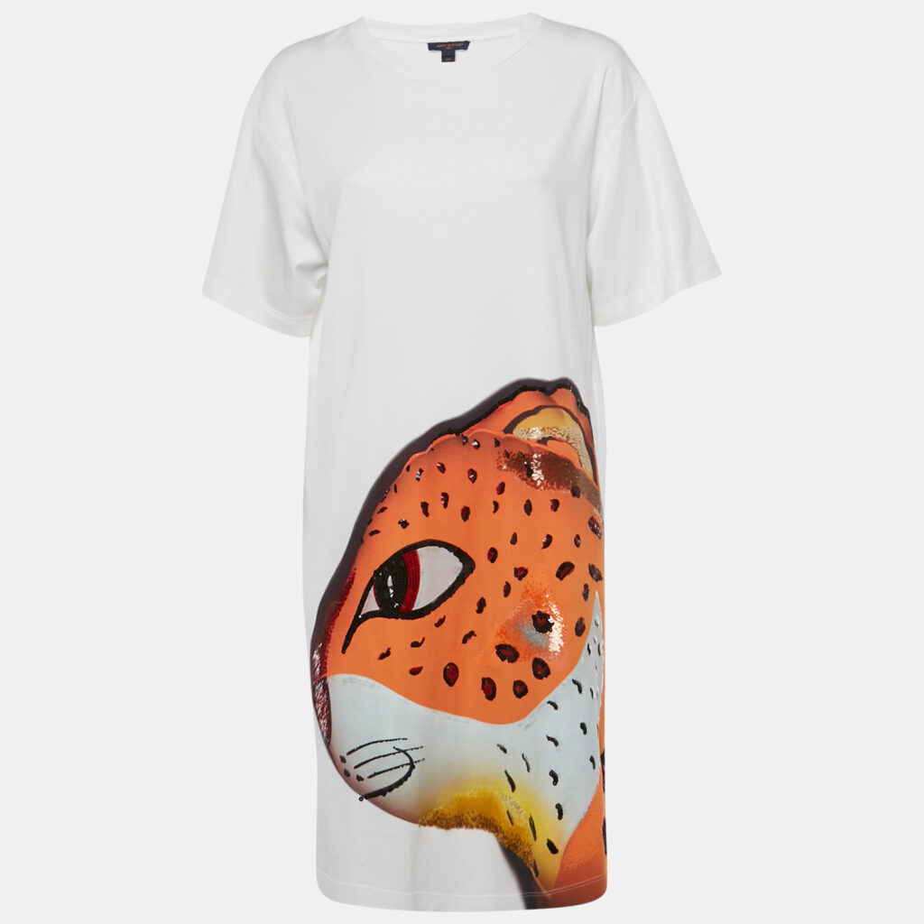 Louis Vuitton White Sequins Leopard Print Jersey T-Shirt Dress L Louis Vuitton White Sequins Leopard Print Jersey T-Shirt Dress L