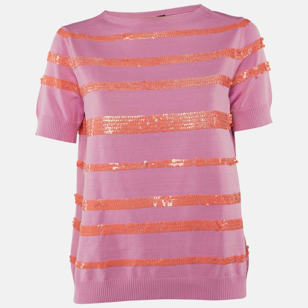 luxury-women-louis-vuitton-used-clothes-p1180919-003.jpg Louis Vuitton Pink Sequin Striped Knit Short Sleeve Jumper L