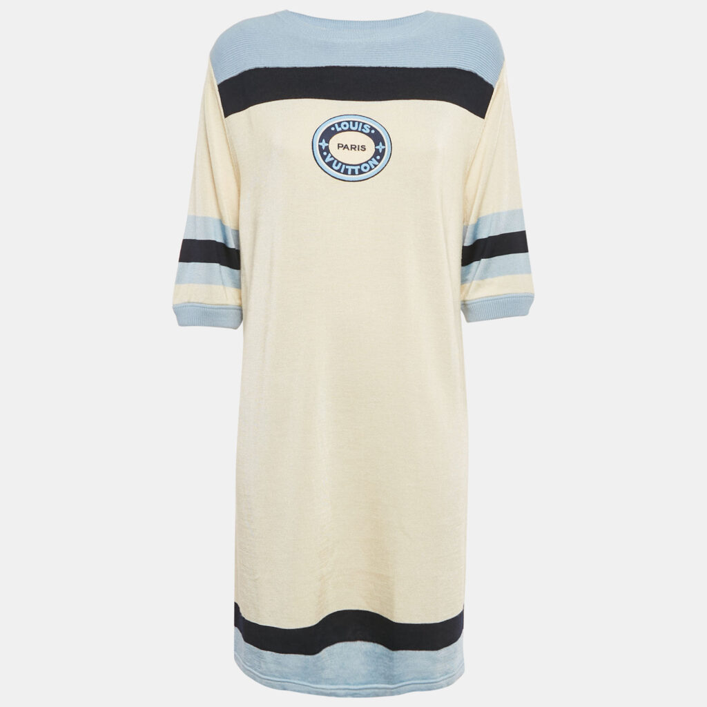 Louis vuitton Cream/Blue Applique Stretch Knit T-Shirt Dress L Louis vuitton Cream/Blue Applique Stretch Knit T-Shirt Dress L