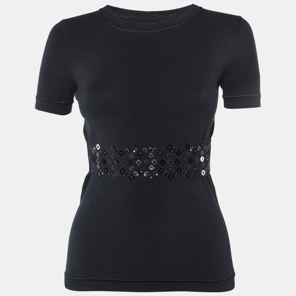 Louis Vuitton Black Stretch Knit Embellished Panel Top S Louis Vuitton Black Stretch Knit Embellished Panel Top S