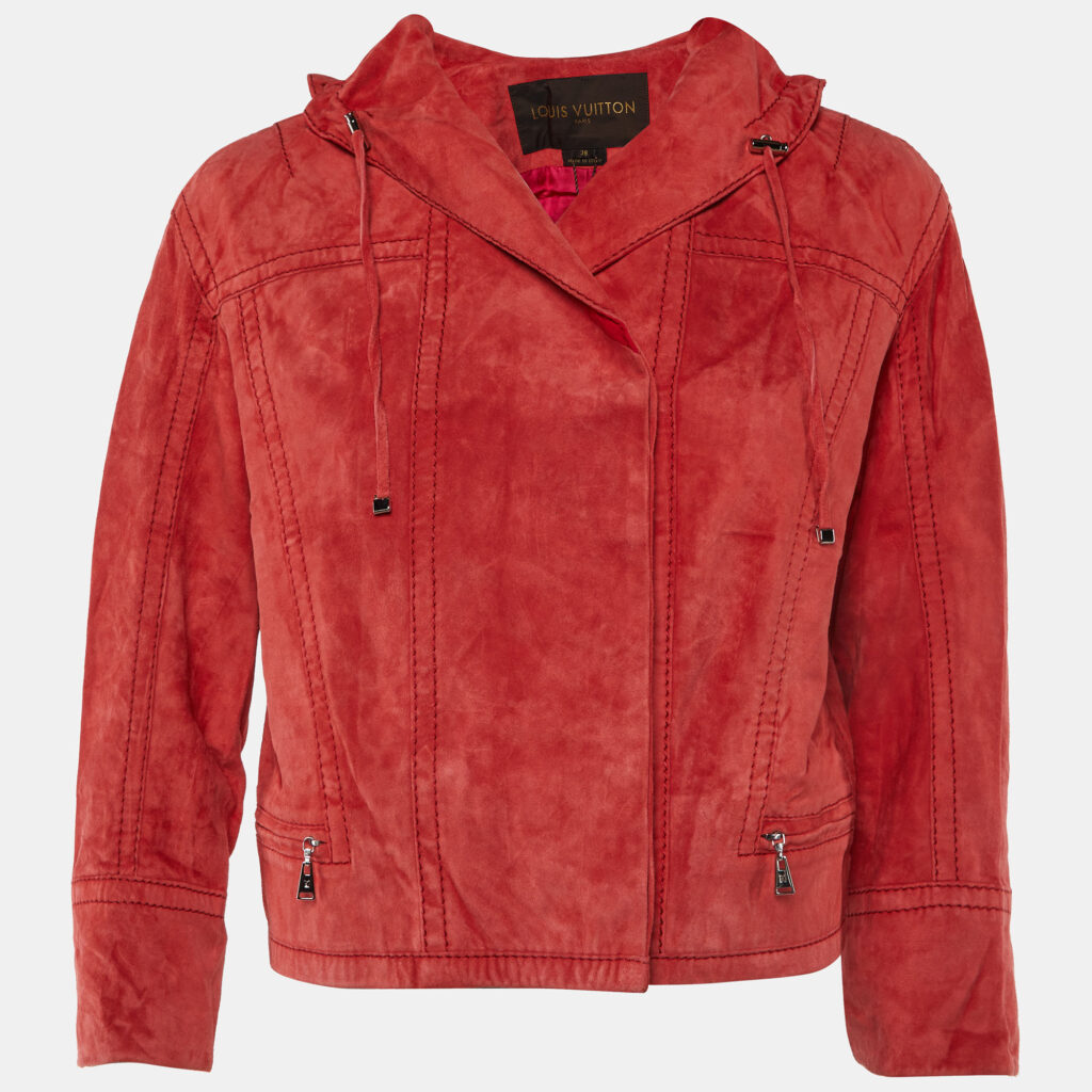 Louis Vuitton Red Suede Ruffled Neck Zip Front Jacket M