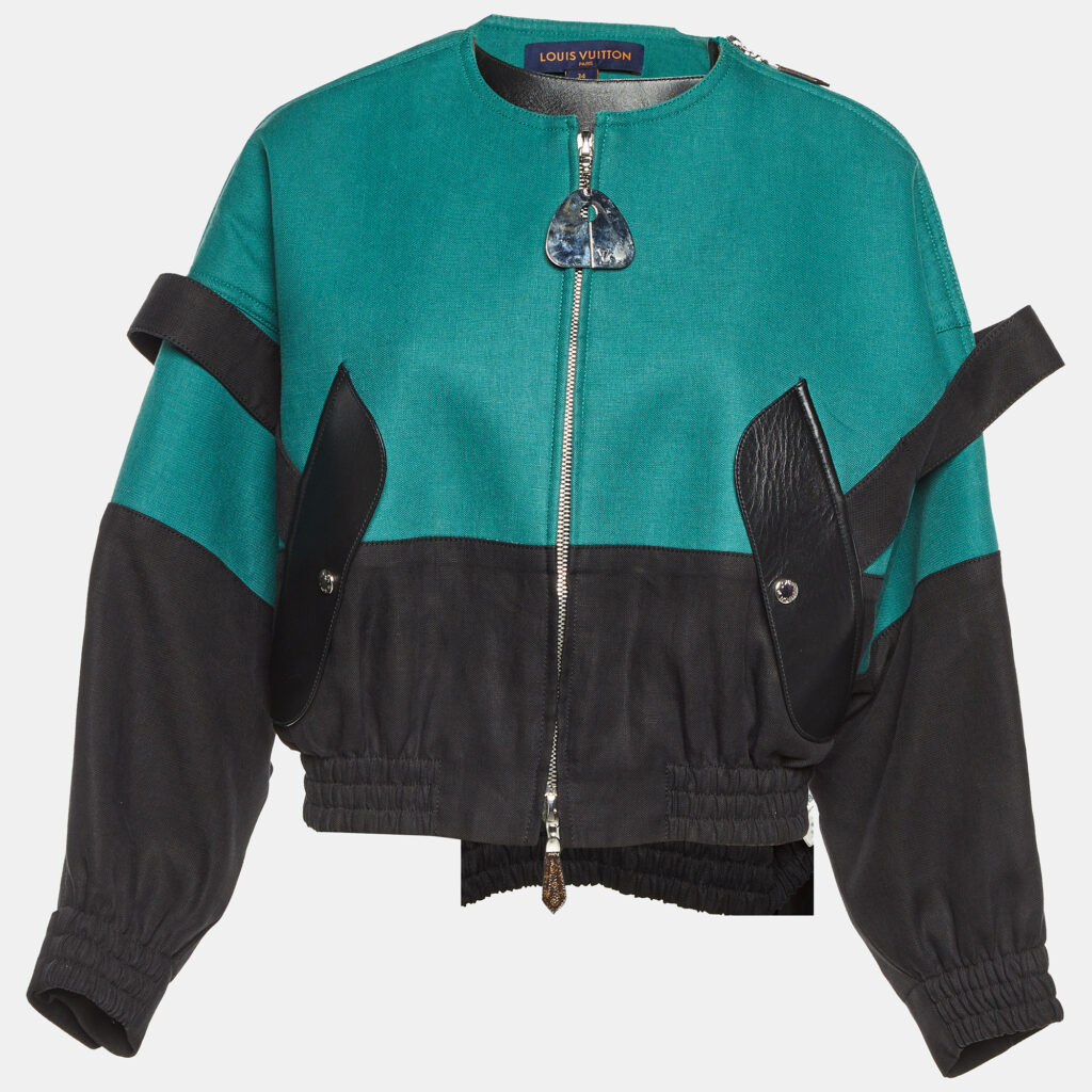 Louis Vuitton Green Linen Leather Trim Bomber Jacket S Louis Vuitton Green Linen Leather Trim Bomber Jacket S