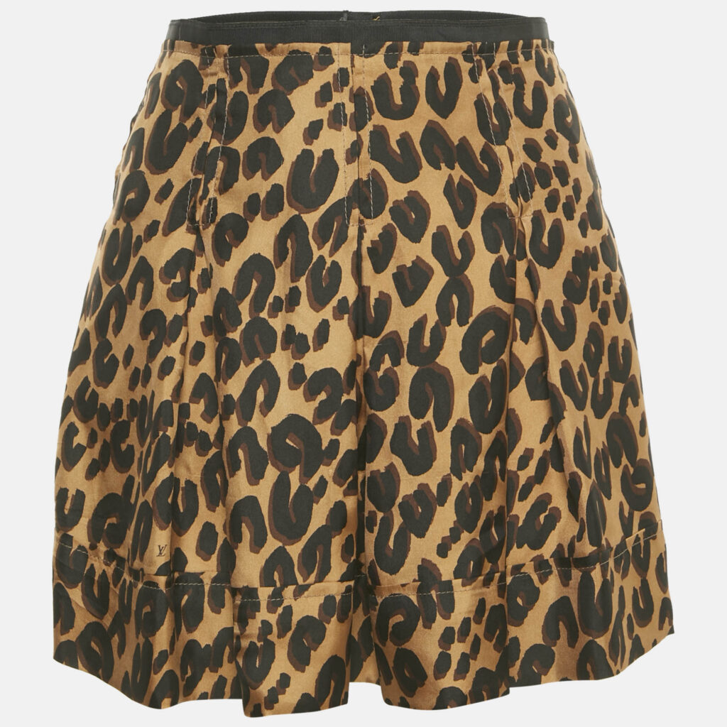 Louis Vuitton Brown Animal Print Silk Pleated Mini Skirt M